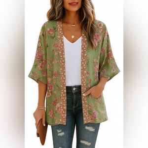 Sage Green Floral Kimono Cardigan – Lightweight Boho Layering Piece